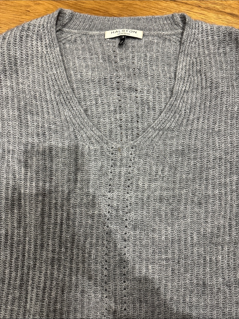 Halston Gray Ribbed V-Neck Sweater - Picture 2 of 7